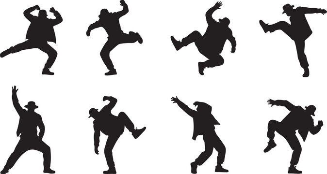 Set of silhouettes of a breakdancer performing various dance moves