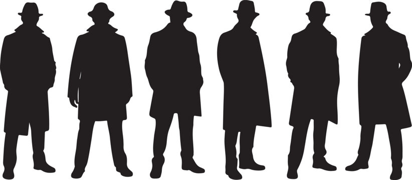 Silhouettes of men in hats and coats standing in a row