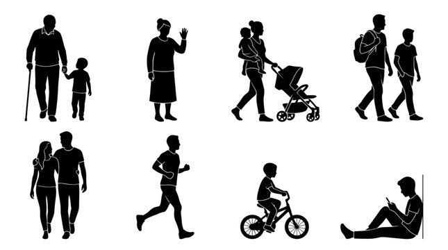 Minimalist white line art silhouettes of people walking and interacting in a sequence, artistic human motion study with highlights on an ebony void backdrop. Architectural Entourage