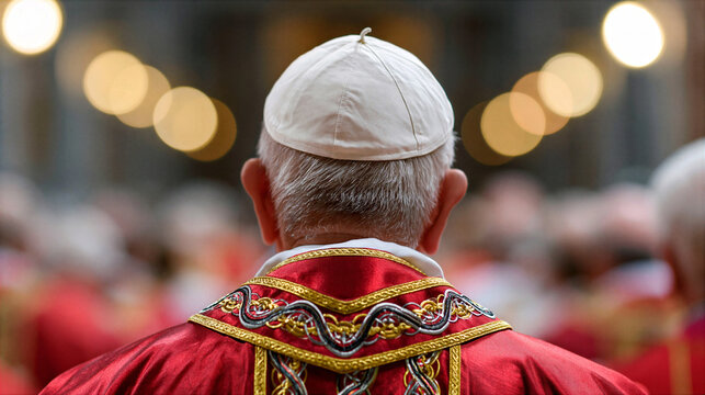Priest white zucchetto and red vestment during religious ceremony. Back view of spiritual leader, close-up. Concept of Catholic faith, church tradition and holy liturgy.