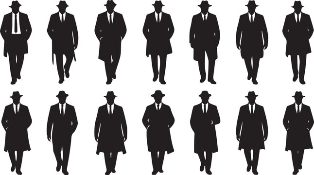 Set of silhouettes of men in hats and coats walking