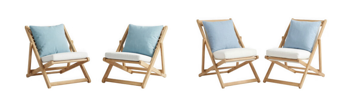 Set of four wooden folding lounge chairs with blue cushions on transparent background