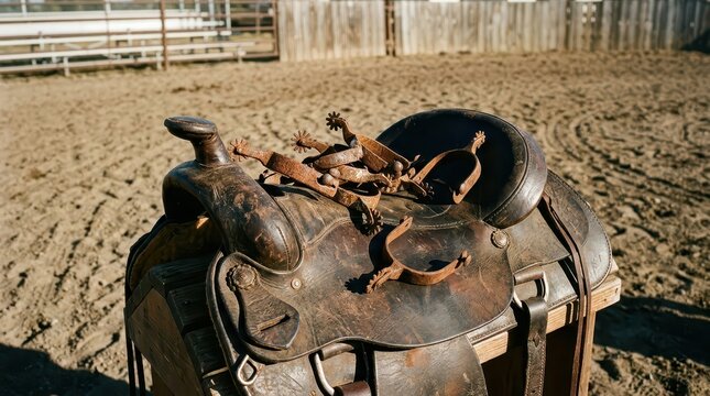 A pile of rusty antique iron spurs resting on a worn leather cowboy saddle