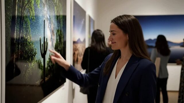 Woman interacting with art gallery display.