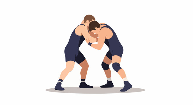 Two wrestlers locked in a grapple, striving for control on the mat