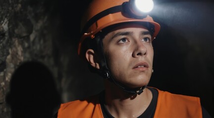 Fototapeta premium Young miner with headlamp looks up in dark mine tunnel. Sweat glistens on his face under helmet light. He wears orange safety vest and hard hat, looks weary.
