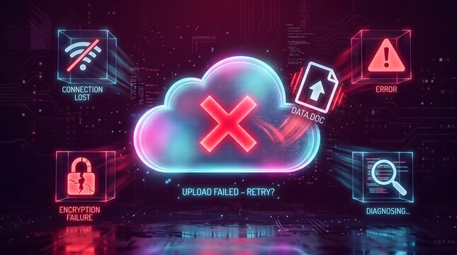 Cloud upload failure warning with connection lost and data encryption error notifications.