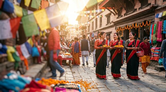 Mulheres vestidas com trajes tradicionais em uma rua de paralelep&iacute;pedos, decorada com bandeiras coloridas.