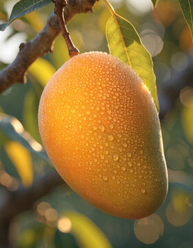 A fresh ripe yellow mango covered in glistening water droplets hanging from a tree branch, captured in warm golden morning sunlight with a beautiful soft bokeh background.