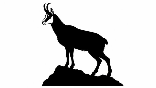 Chamois goat silhouette on mountain rock, wild alpine animal standing on peak, black and white mountain goat profile, wildlife nature illustration