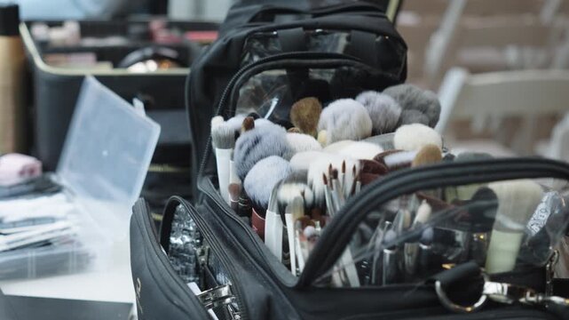 A collection of diverse makeup brushes neatly arranged in a black travel case. Perfect for beauty tutorials or product showcases.