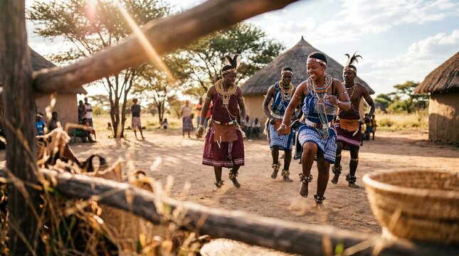Pessoas em trajes tradicionais dan&ccedil;ando em uma aldeia africana