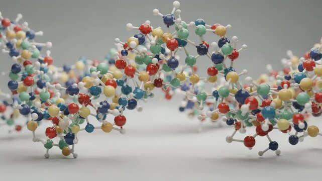 Medium shot closeup of rubber molecular models highlighting loose polymer chains showcasing flexible and unlinked structural arrangement in a scientific illustrative setup.