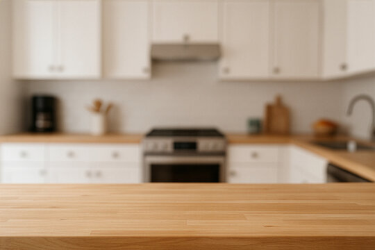 wooden top table with blury background kitchen set