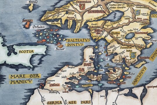 Detail from antique historical map of Scandinavia Norbegia & Gottia with Faroe Islands, Scotland, Sweden, Norway, Denmark and Germany, by Lorenz Fries, Claudius Clavus and Martin Waldseem&uuml;ller, old coloured woodcut, Strasbourg 1541