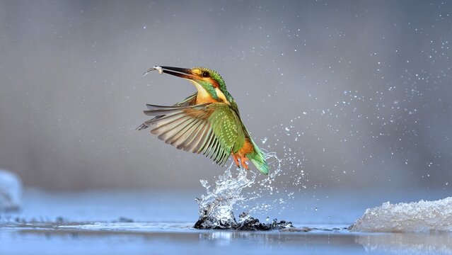 Kingfisher (Alcedo atthis) Winter and frost, hunting with fish as prey, frozen lake, ice-free, foraging, hunting, looking for prey, snow, male, flying gems, indicator of clean water and rivers, Hortob&aacute;gyi Nemzeti Park, Hungary