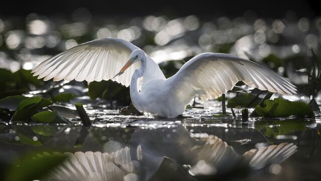 Great White Egret (Ardea alba) Winter visitor, migratory bird, resting bird, foraging, with fish as prey, wingspan, flapping wings, lake landscape, Middle Elbe Biosphere Reserve, Saxony-Anhalt, Germany