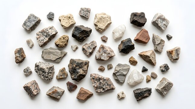 Various Small Crushed Stones and Mineral Fragments on White Background