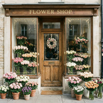 Charmante devanture de fleuriste vintage avec porte en bois, fen&ecirc;tres anciennes et d&eacute;coration florale abondante, boutique flower shop style r&eacute;tro et romantique