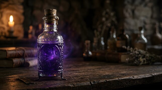 Purple potion bottle with magic smoke on a wooden table in an old lab
