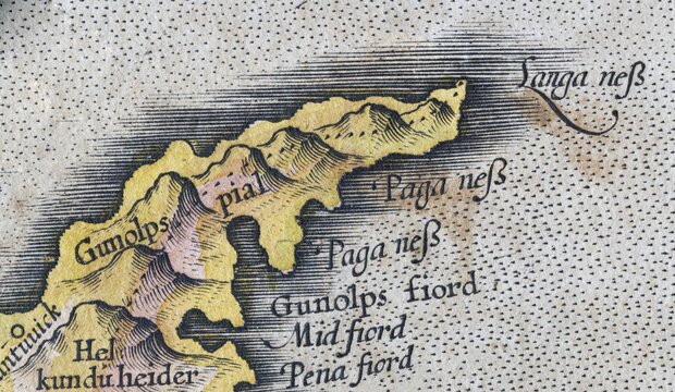 Langanes, Iceland, hand-coloured Iceland copperplate engraving by Gerhard Mercator, 1595