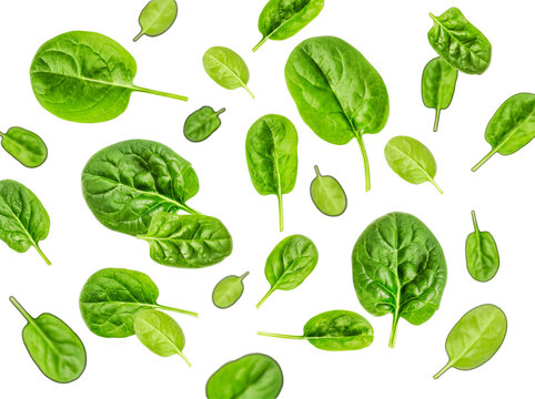 Vibrant fresh green spinach leaves dynamically scattered and isolated on a transparent background.