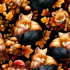 Fototapeta premium Sleeping fox family seamless pattern, cozy woodland theme, gentle wildlife decor, warm autumn mood, adorable nature illustration.