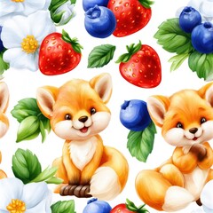 Fototapeta premium Foxes with berries and wildflowers seamless pattern, playful woodland theme, charming nature decor, whimsical illustration, cheerful design.
