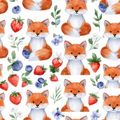 Obraz premium Foxes with berries and wildflowers seamless pattern, playful woodland theme, charming nature decor, whimsical illustration, cheerful design.