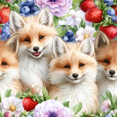 Fototapeta premium Foxes with berries and wildflowers seamless pattern, playful woodland theme, charming nature decor, whimsical illustration, cheerful design.