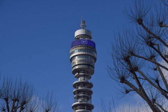 General view of the sign at the BT Tower on February 4 2026 in London, UK