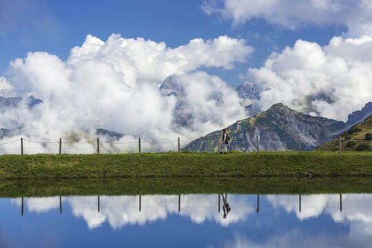 Artificial lake, Riezler Alpsee, snow pond, at the mountain station of the Kanzelwand cable car, panoramic view of the eastern Allg&auml;u Alps, Allg&auml;u, Bavaria, Germany