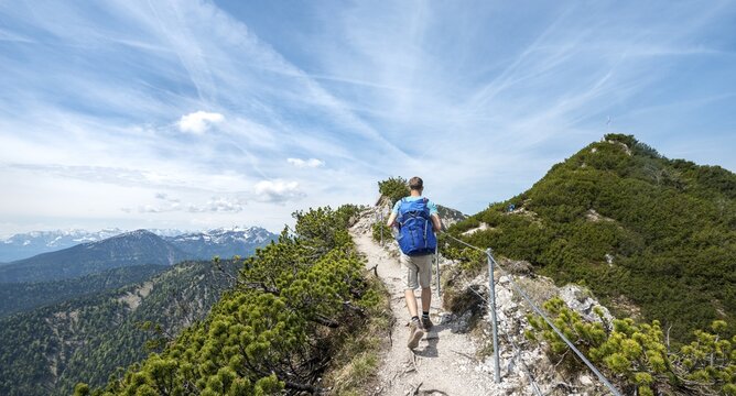 Hiker on trail, Herzogstand-Heimgarten ridge walk, Heimgarten behind, Upper Bavaria, Bavaria, Germany