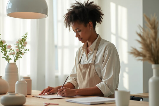 Young Black Woman Writing and Creating in a Bright Studio