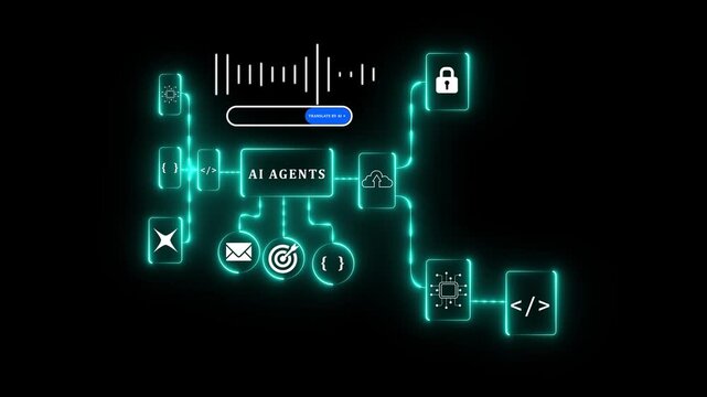 neon AI agent workflow automation system technology innovation data analysis information network process algorithm dashboard application coding integration, business management concept.
