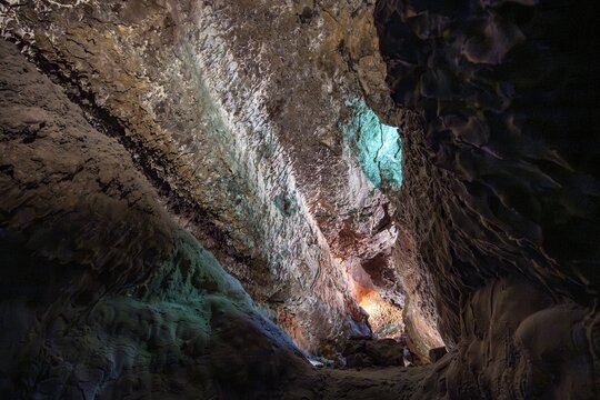 Underground cave formed by lava flow, illuminated lava cave, Cueva de los Verdes, Lanzarote, Canary Islands, Spain