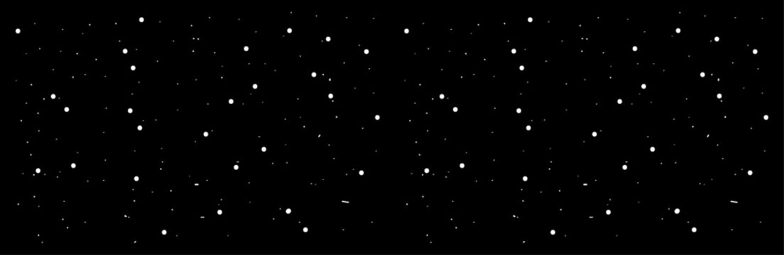 Abstract motion of white star dots snow on isolated black background of space galaxy. Minimal star field background featuring scattered white stars on deep black sky. Vector illustration. Flat style.