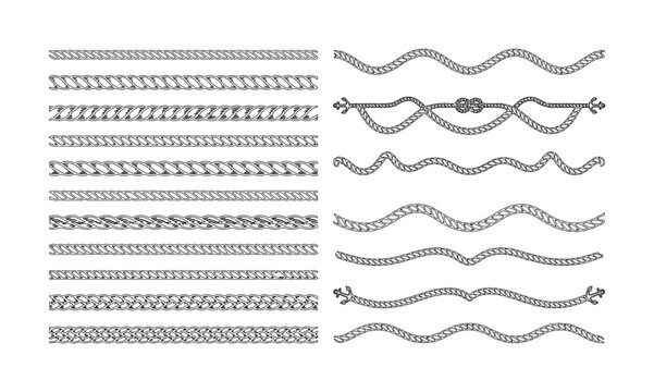 Set of 16 Black and White Rope and Chain Borders Vector