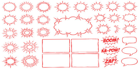 Set of hand drawn comic book speech bubbles explosion shapes sound effects and panels for graphic design © GraphixEra
