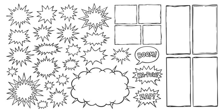 Set of hand drawn comic book speech bubbles explosion shapes and empty page panels for graphic story design