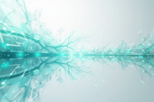 Abstract Digital Neural Network Reflection with Glowing Cyan and White Elements