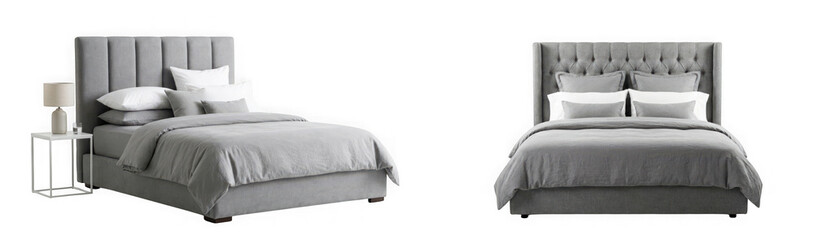 Fototapeta premium Modern gray upholstered bed with decorative pillows in neutral bedroom setting isolated on transparent background