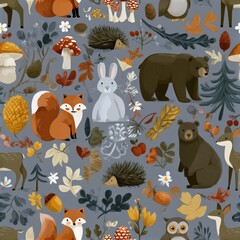Fototapeta premium Woodland animals seamless pattern with fox squirrel bear and owl, forest nursery theme, playful nature decor, charming illustration.