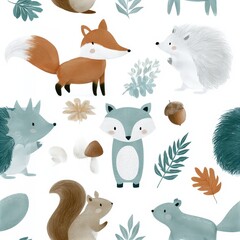 Obraz premium Autumn fox seamless pattern with woodland foliage, playful forest theme, charming wildlife decor, colorful nursery illustration.