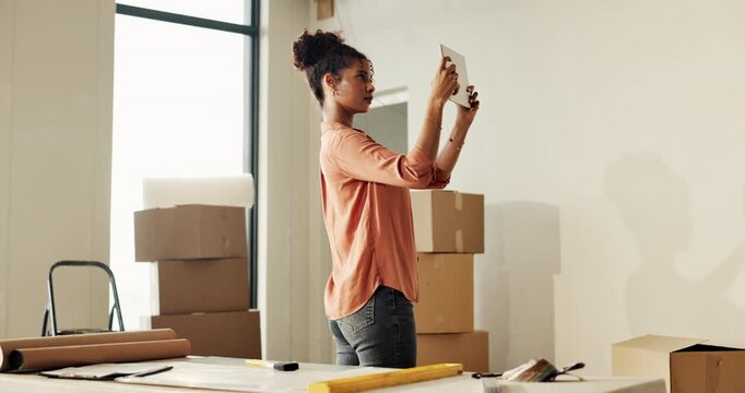 Photography, moving and woman with tablet in home, interior design app or virtual decoration planner. Space, tech and person with picture for property makeover rendering, remodeling and staging ai