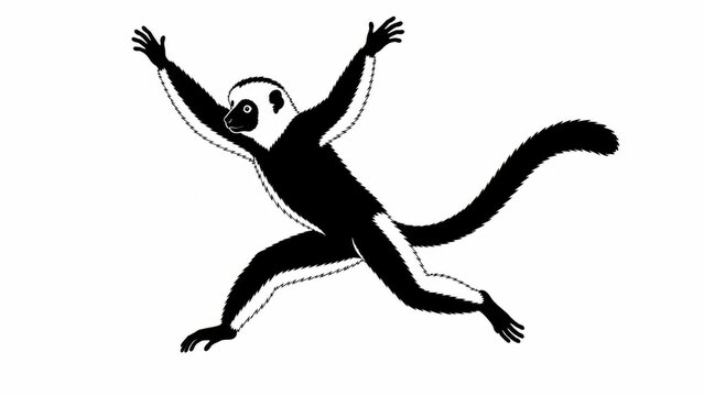 Sifaka lemur jumping silhouette, black and white primate illustration, dancing lemur animal icon on white background