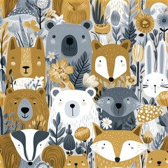 Fototapeta premium Woodland animals seamless pattern with foxes bears and rabbits, autumn forest theme, charming nursery decor, playful illustration.