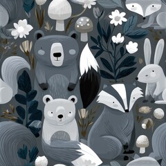 Obraz premium Woodland animals seamless pattern with foxes bears and rabbits, autumn forest theme, charming nursery decor, playful illustration.