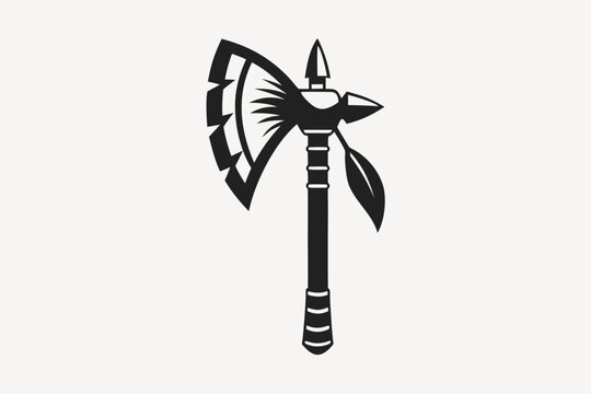 Black and white vector graphic illustration of a fantasy battle axe with a unique double sided blade design and long handle for gaming or decorative use