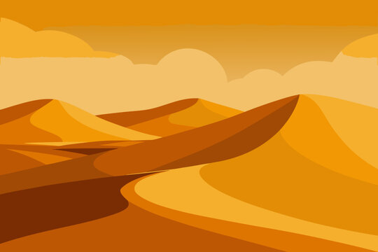Vibrant desert landscape with rolling sand dunes under a warm orange sky with fluffy clouds in a stunning vector graphic illustration design
